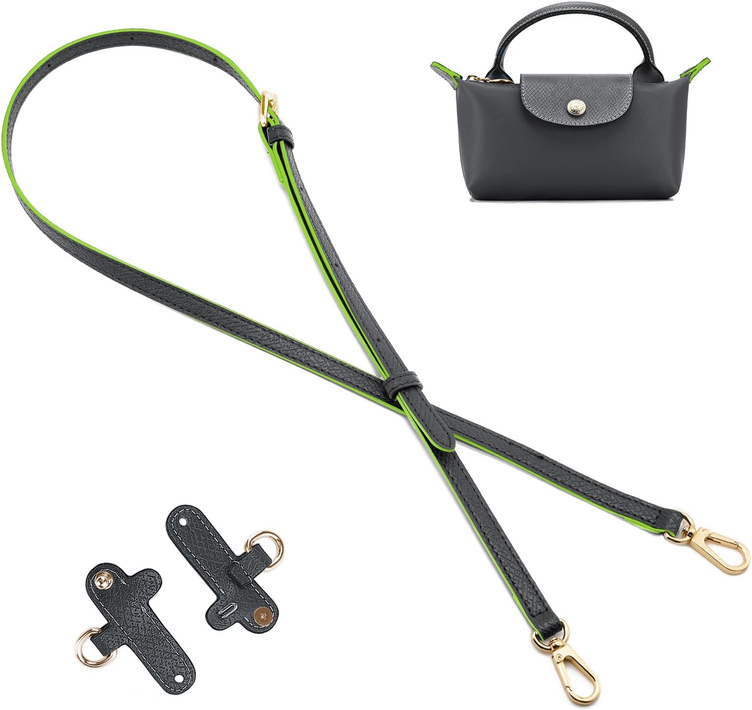 ロンシャンのハンドバッグに適したレザーストラップ、クロスボディ調節可能なショルダーストラップ変換キット、グラファイトグレー – ゴールド、長さ: 35-48.75 インチ、幅: 0.47 インチ
