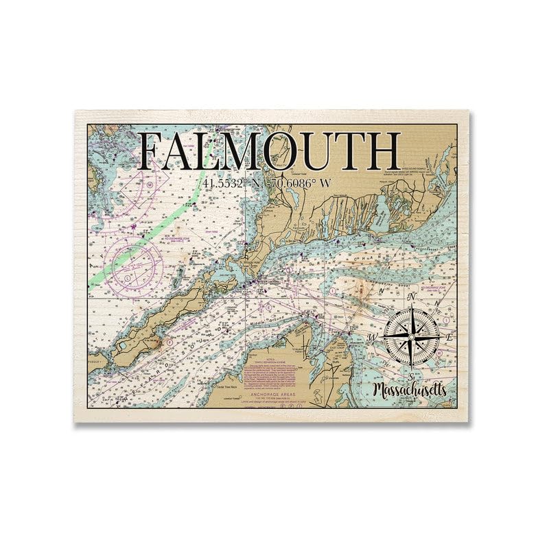 Falmouth MA| 5x7 Wood Coordinate Wall Hanging Sign; Shelfsitter | High Definition Ink Printed On Wood Home Décor Map | Ready to Hang | Perfect Gift