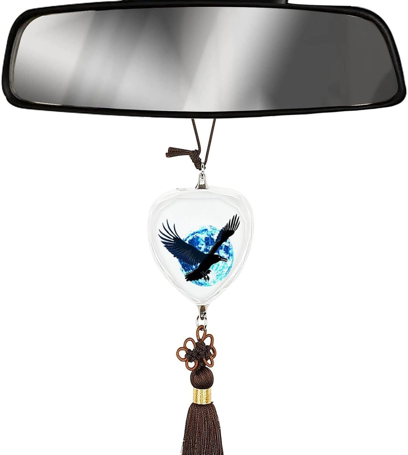 Flying Raven Full Moon Crystal Car Pendant Rearview Mirror Hanging Ornament Suspension Interior Accessories Decoration