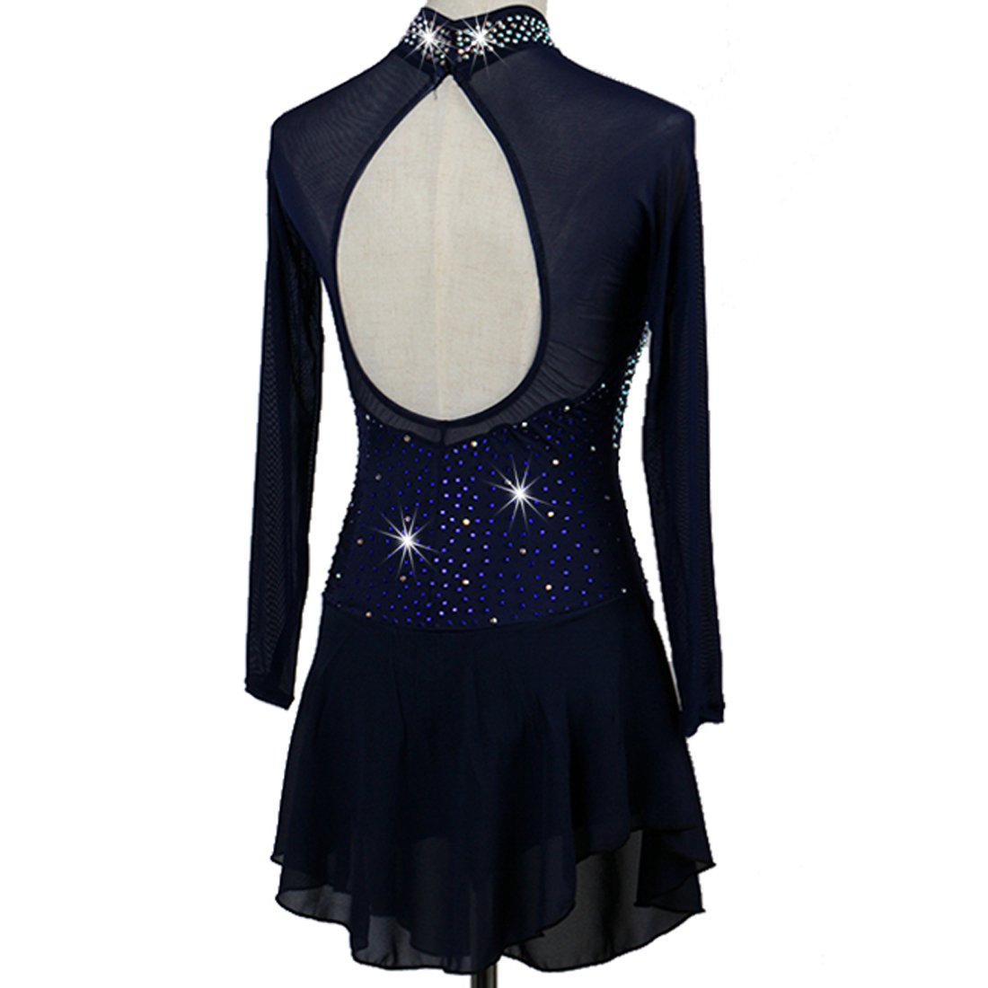 Women Rhinestone ice Skating Dress Long Sleeves(Navy Blue,XL)