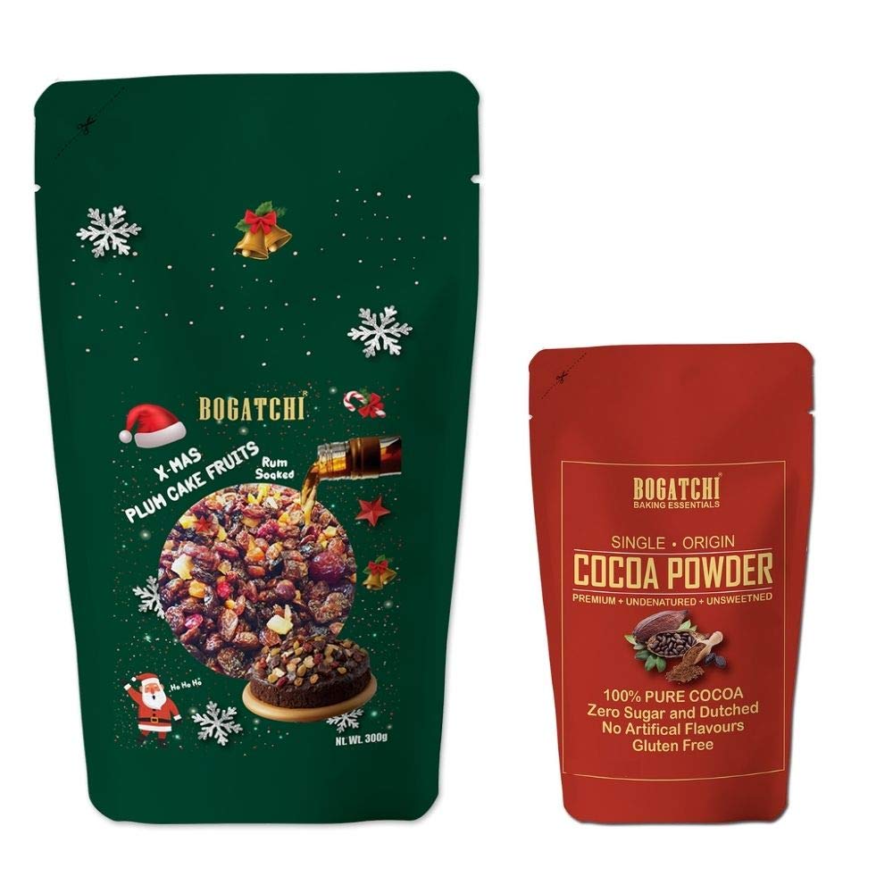BOGATCHI Pre-Soaked Plum Cake Fruit Mix Dry Fruits Dates, Cashews, Raisins, Dry Ginger, Orange Peel, Tutty Fruity, Cherry , 300g + Unsweetened Cocoa Chocolate Powder, 50g
