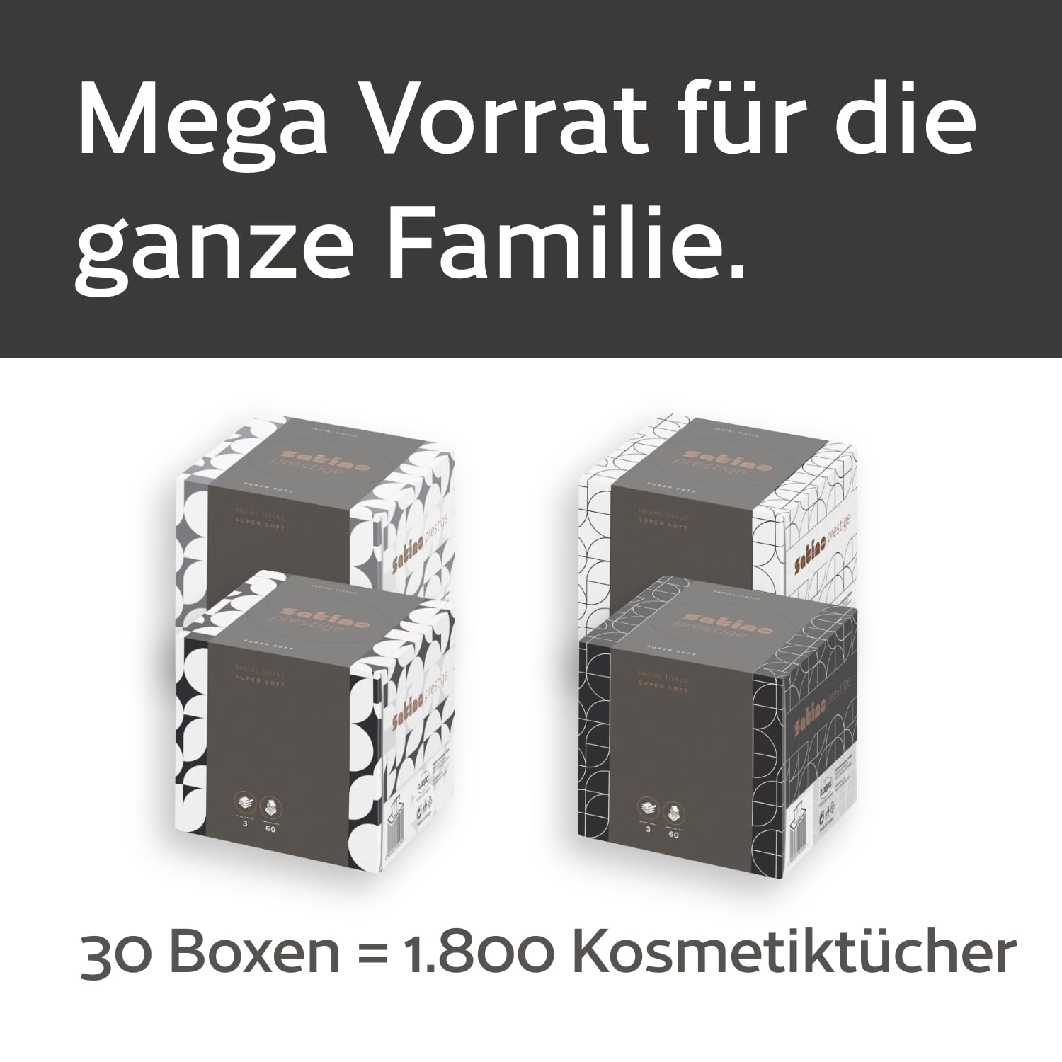 30 x Kosmetiktücher Box – 3-lagig - 30 x 60 Blatt – Kosmetiktücher 3lagig – 1.800 Stk. - 30 Boxen mit 60 Tücher – supersoft – Made in Germany - Satino