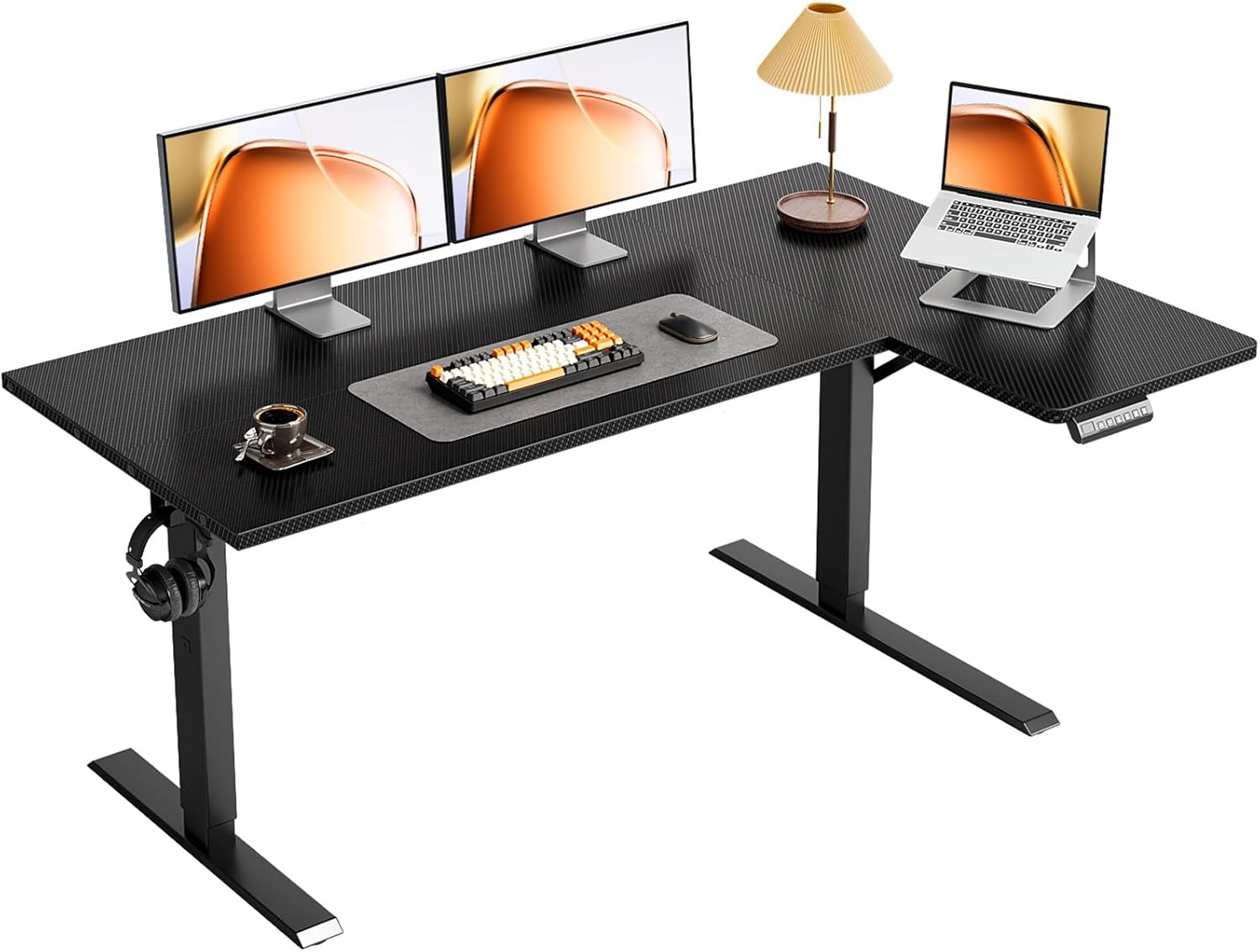 OffiGo Electric L Shaped Standing Desk, 55 Inches Height Adjustable Table, Reversiable Corner Stand Up Desk, Lifting Computer Table for Home Office, Computer Workstation, Carbon Fiber Black