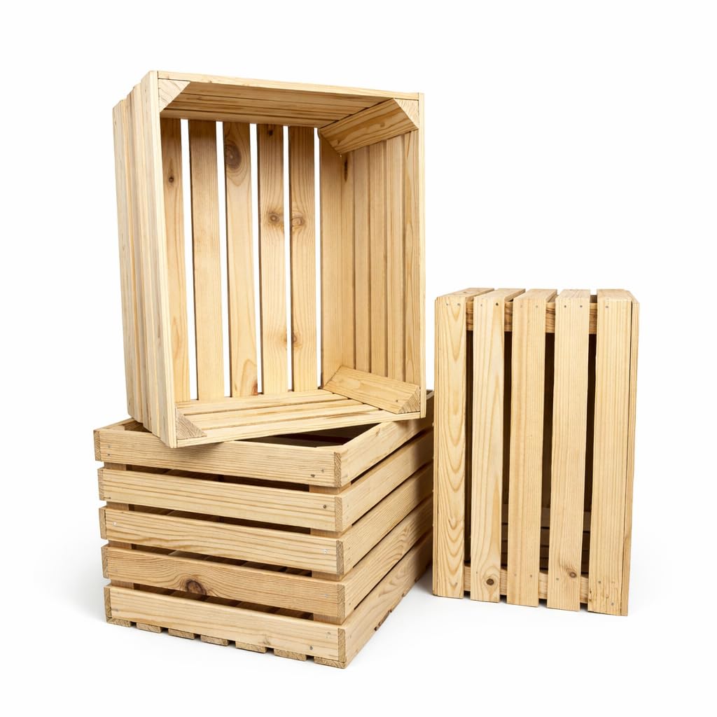 Grandes caisses en bois 50x40x30 cm – Lot de 3 boîtes naturelles – Caisse à vin, fruits et légumes – Boîte de rangement en bois vintage pour déco, cuisine, jardin ou étagère