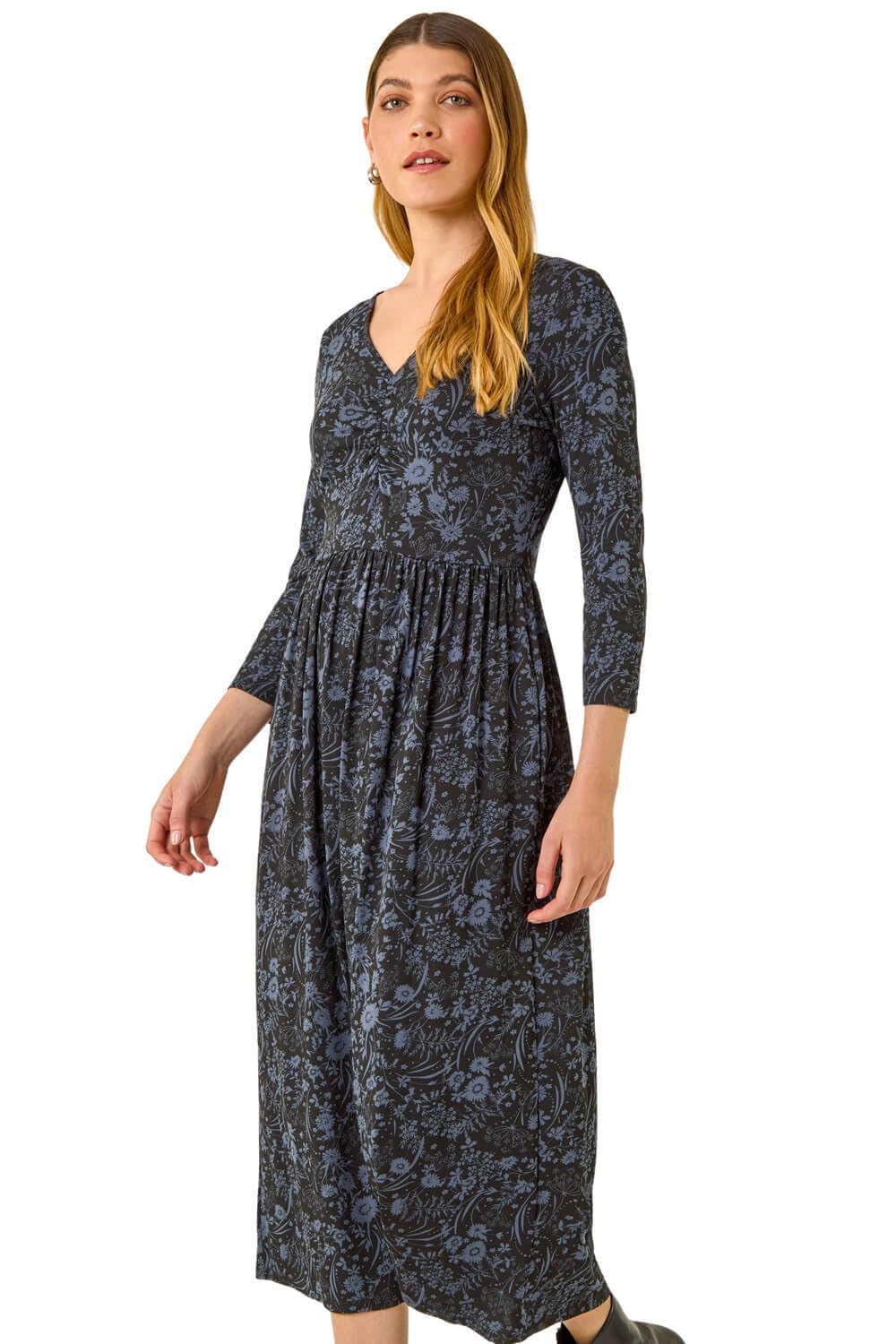 Roman Originals Floral Print Pocket Stretch Midi Dress for Women UK - Ladies Everyday Holiday Spring Summer V-Neckline Comfy Soft Evening Vacation Work Party - Dark Grey - Size 12