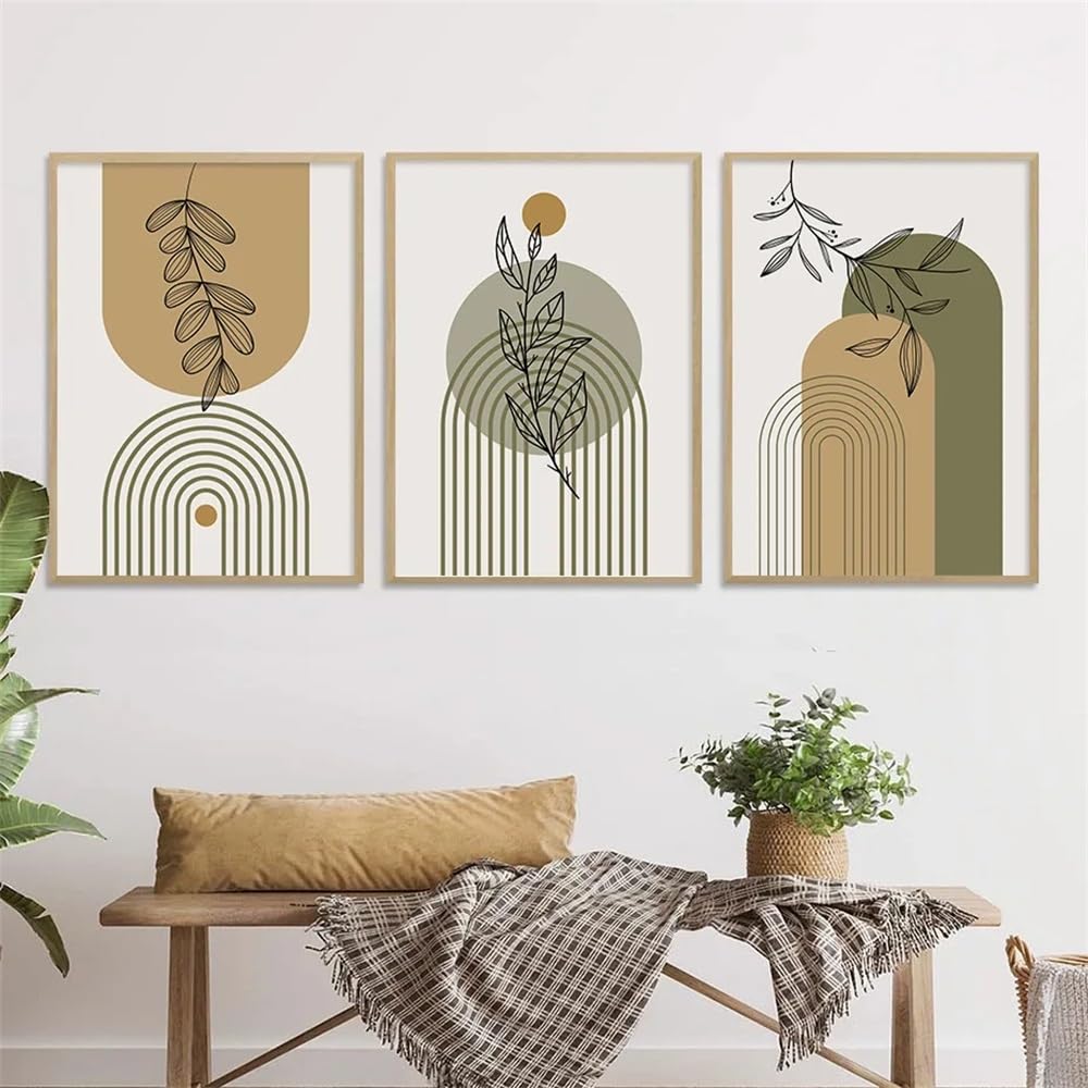 WUHBCZ Art Pictures-Boho Abstract Geometric Green Plants Leaves Line Posters Wall Art Canvas Painting Prints Pictures Modern Living Room Office Interior Decor-50 * 70cm/3PCS (No Frame)