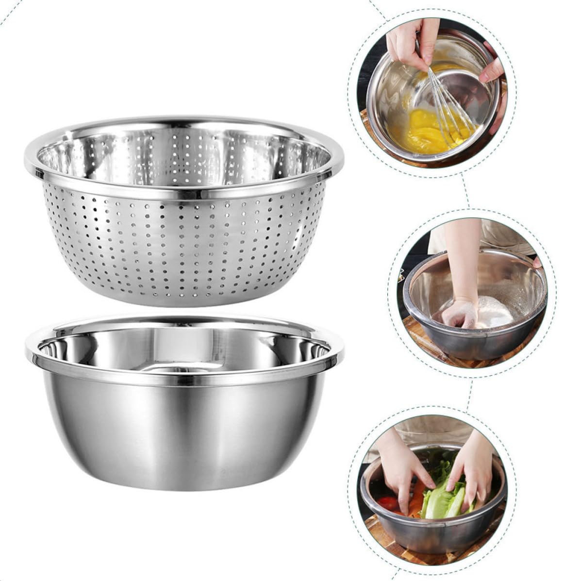 Juego de Colador Multifunción de Acero Inoxidable, 2 Piezas | Plata, para Frutas y Verduras en Cocina, Lavado de Arroz y Rallado Vegetal