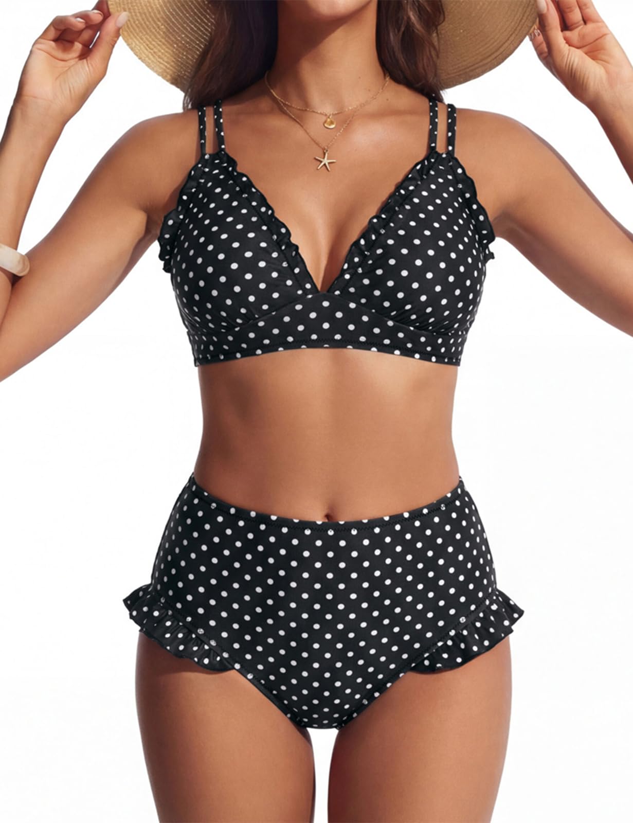 Women High Waisted Bikini Sets Ruffle, 2 Piece Bathing Suit Tummy Control, Sexy Retro Swimsuits Beachwear