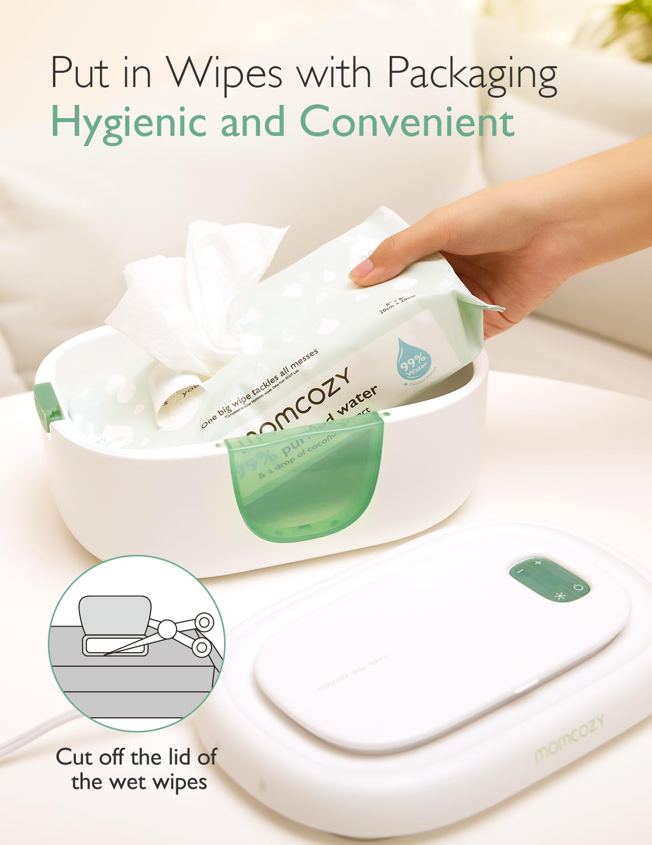 Momcozy Chauffeur de Lingettes Bébé – Design à ressort, grande capacité, chauffage rapide uniforme, 4 températures et veilleuse