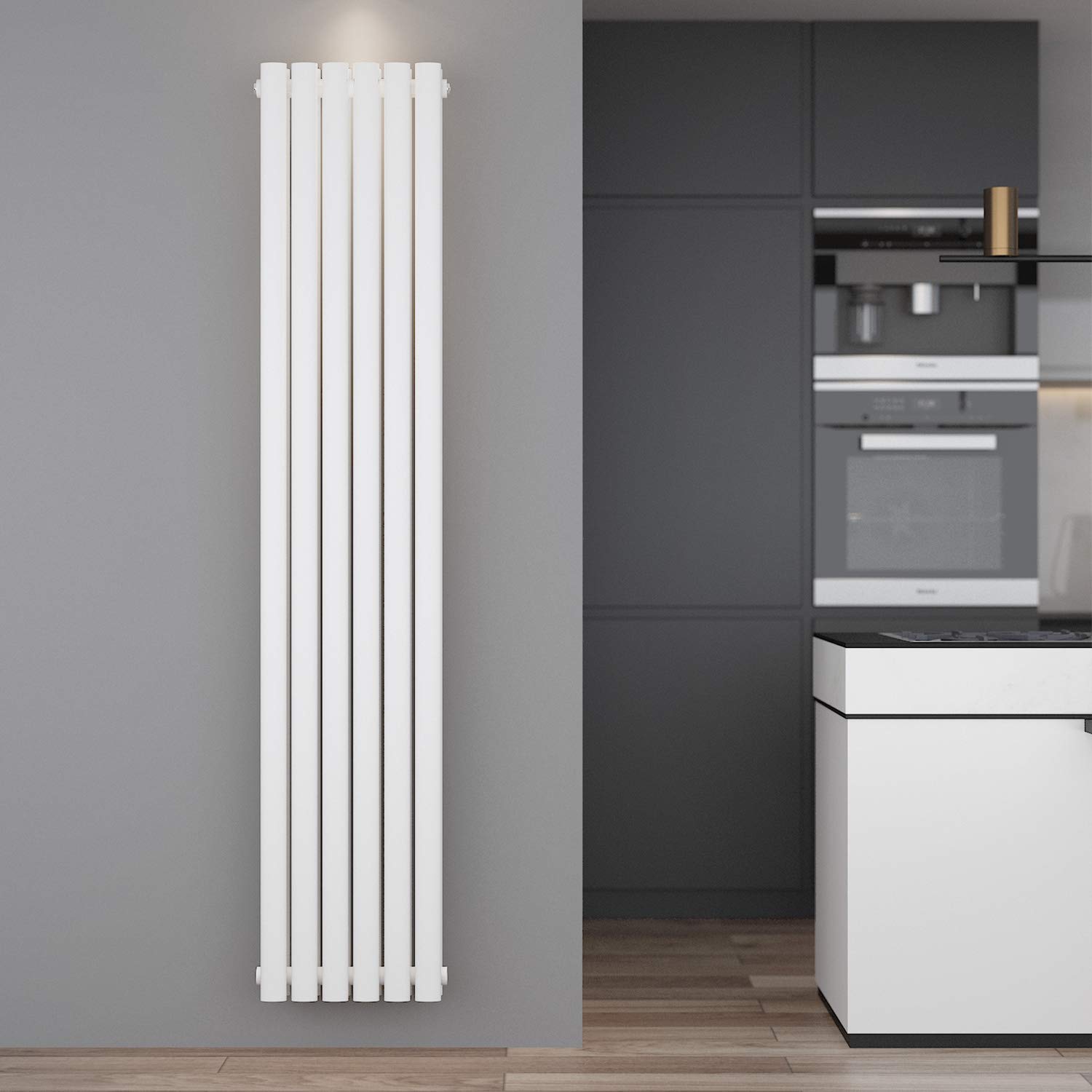 ELEGANT Radiador de panel de diseño tubular, 1800 x 354 mm, color blanco, doble capa, conexión central, tubo vertical