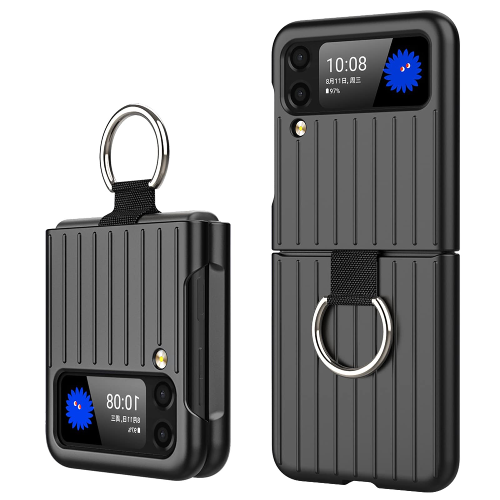 Design for Galaxy Z Flip 3 Case, Suitcase Design Case for Z Flip 3 with Ring, Matte Hard PC Shockproof Protection Shell Cover for Samsung Galaxy Z Flip 3 5G (Black)