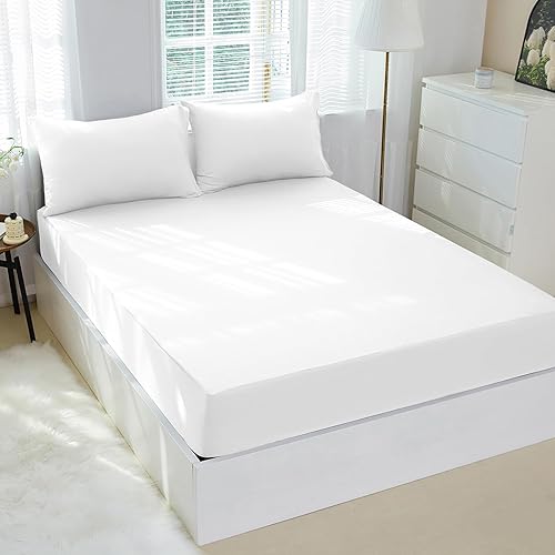 Miniatura 6 de HCORA Juego de sábana bajera tamaño Queen con fundas de almohada, 100% rayón derivado de bambú, sábana bajera refrescante de 400 hilos para personas