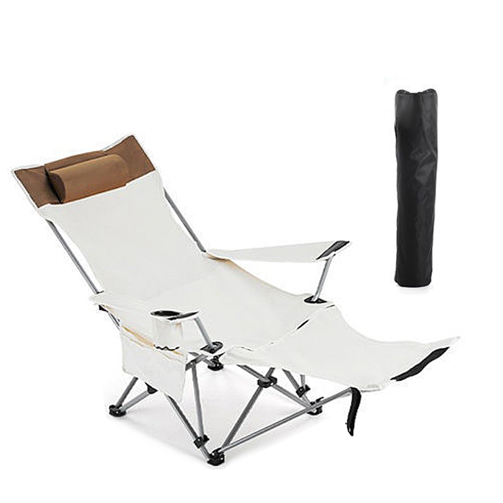 Beauenty 4-Angle Adjustable Camping Chair for Sitting or Lying, Outdoor Chair with Detachable Foot Rest, Portable Beach Chair for Hiking Travel Dessert Camping (Beige)