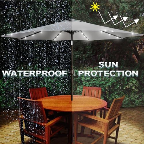 Image of Blissun 9 ft Solar Umbrella, Patio Umbrella with 32 LED Lights, Table Market Umbrella, Outdoor Umbrella for Garden, Deck, Backyard (Light Grey)