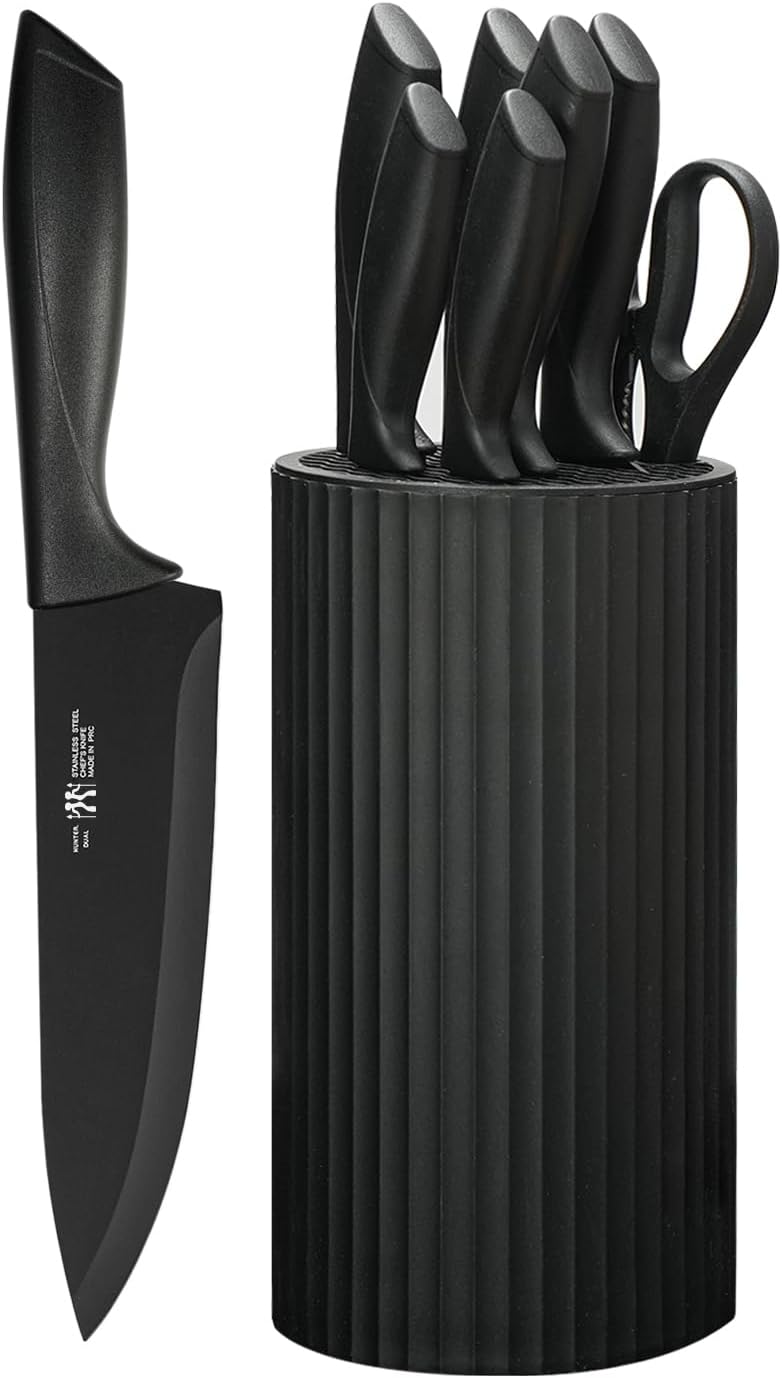 Knife Set, 8-Piece Kitchen Knife Set for Chef, Sharp Knife Set with Universal Knife Block, Anti-Rust Kitchen Knife Block Set, Ergonomical Design (Black)ClimatePartner certified