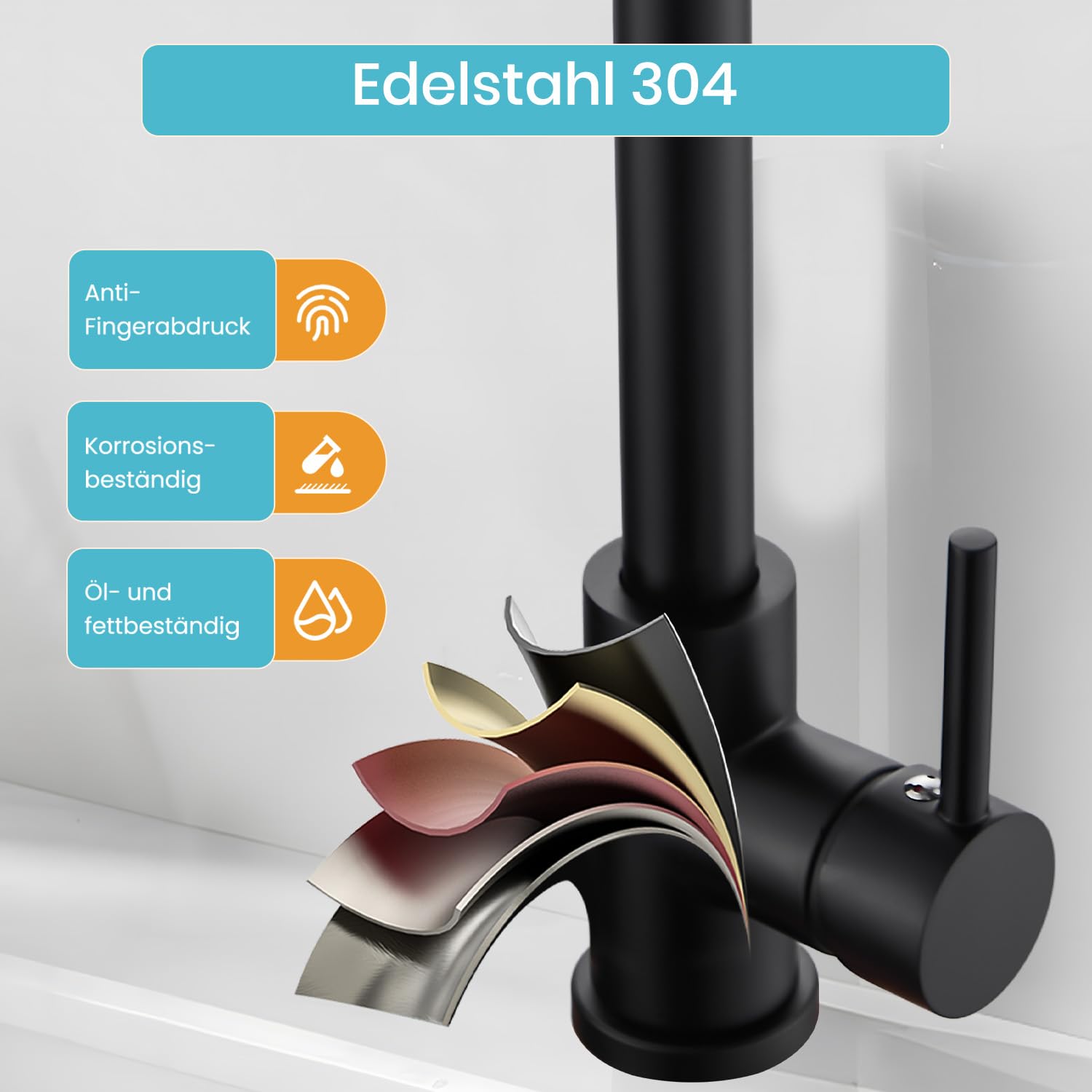 Niederdruck Armatur Küche Ausziehbar,Schwarz Edelstahl | Wasserhahn Küchenarmatur mit 3 Anschluessen für Boiler/Untertischgeräte,360° Drehbare Armatur, 3 Modi Brause
