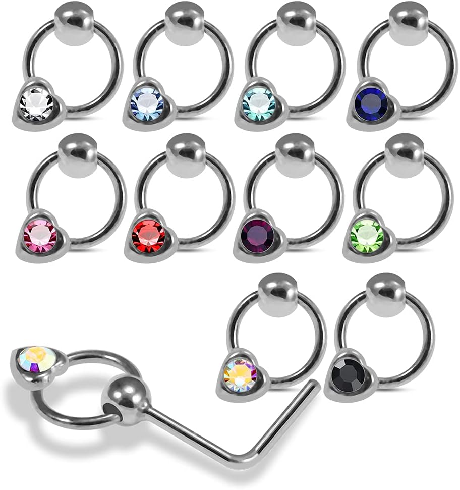 20 Pieces Box Set Heart with Crystal Stone on Moving Ring Design 22 Gauge 925 Sterling Silver Nose Pin - Nose Stud - Tiny Nose Ring - Nose Piercing Body Jewelry