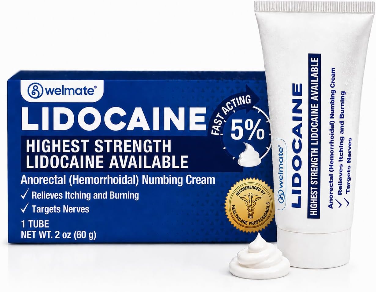 WELMATE 5% Lidocaine Hemorrhoid Cream Maximum Strength, Fast-Acting Numbing Cream for Anorectal Pain Relief, Non-Greasy, Unscented, for Sensitive Skin, Child-Resistant Packaging, 2 oz (60g)
