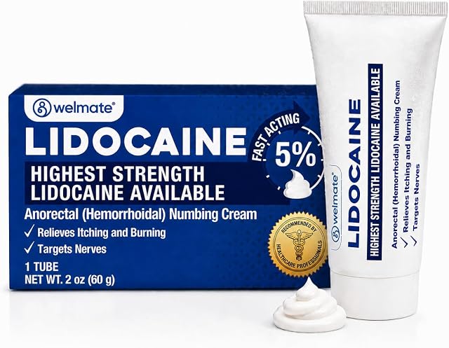 WELMATE 5% Lidocaine Hemorrhoid Cream Maximum Strength, Fast-Acting Numbing Cream for Anorectal Pain Relief, Non-Greasy, Unscented, for Sensitive Skin, Packaging May Vary 2 oz (60g)
