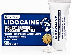 WELMATE 5% Lidocaine Hemorrhoid Cream Maximum Strength, Fast-Acting Numbing Cream for Anorectal Pain Relief, Non-Greasy, Unscented, for Sensitive Skin, Child-Resistant Packaging, 2 oz (60g)