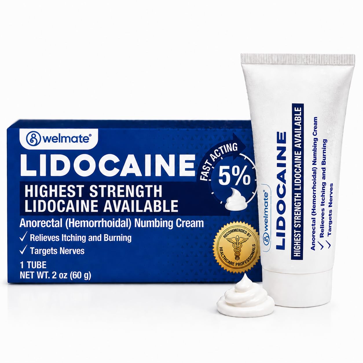 WELMATE, 5% Lidocaine Numbing Cream, Maximum Strength Pain Relief, 2 oz