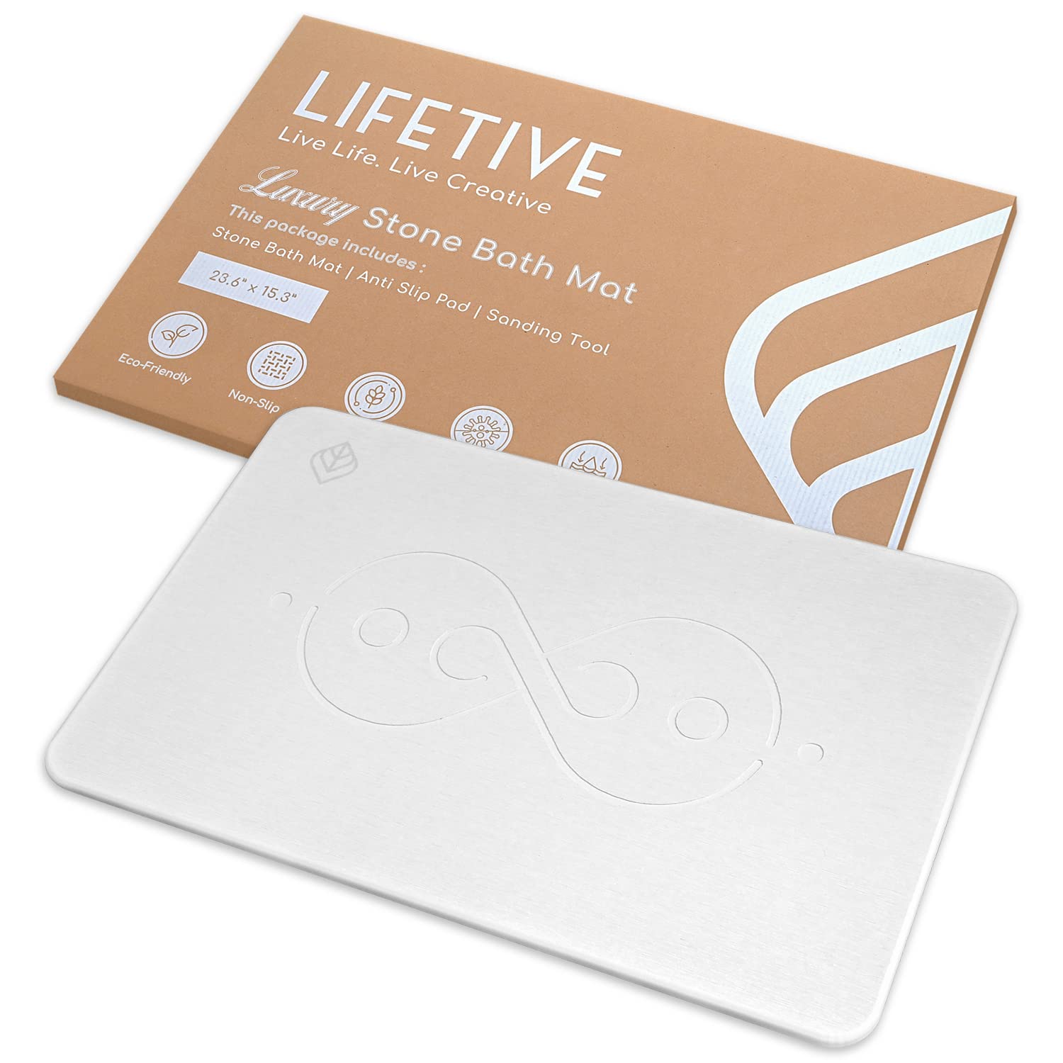 Lifetive Luxury Stone Bath Mat — Diatomaceous Earth Shower Mat — Instant Absorbent Surface — Eco