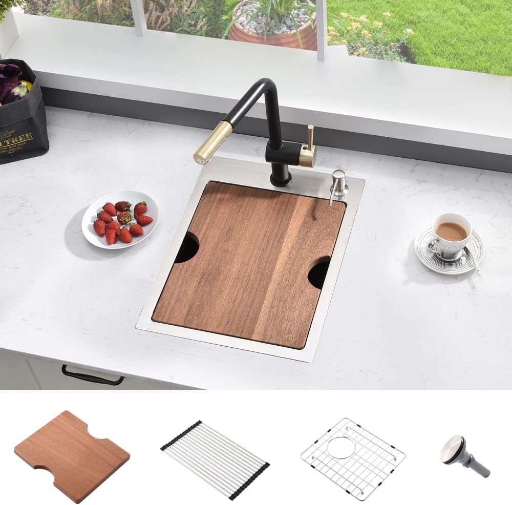 15 inch Drop in Kitchen sink - Abironl 15"x20" Stainless Steel Drop in Bar Sink Topmount Workstation Small Bar Sink 16 Gauge Single Bowl RV Sink Bar Prep Sink with Grid 15"(L) x 20"(W) x 10"(D) Satinless Steel