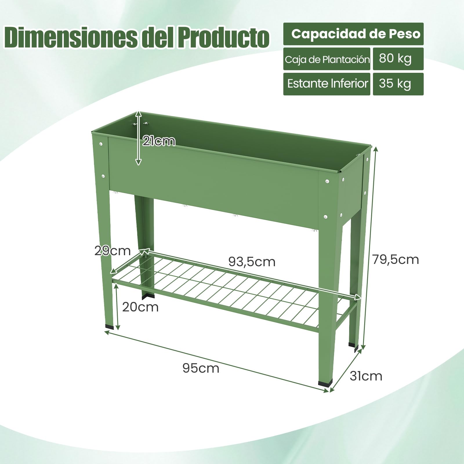 COSTWAY Huerto Urbano de Metal, Jardinera Elevada con Estanta de Almacenamiento de Malla, Agujero de Drenaje, Raised Garden Bed para Terraza Patio Jardín, 95 x 31 x 80 cm, Verde