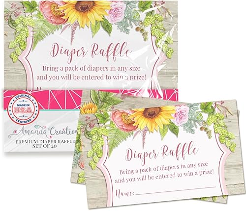 Miniatura 1 de Amanda Creation Boletos para sorteo de pañales florales de girasol, dalia y peonía para baby showers, 20 insertos de doble cara de 2 x 3 pulgadas,