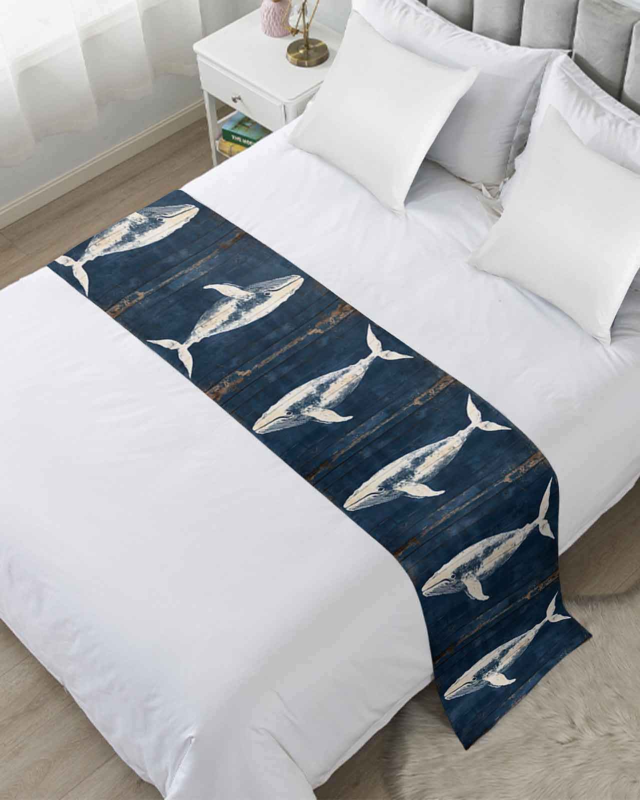 Summer Whale Blue Bed Runner for Full/Queen Size, Ocean Vintage Wooden Grain Bedspread Protector Slipcover Bed Scarf for Foot Runners & Scarves for Bedroom Hotel Wedding Room 83x20 Inches