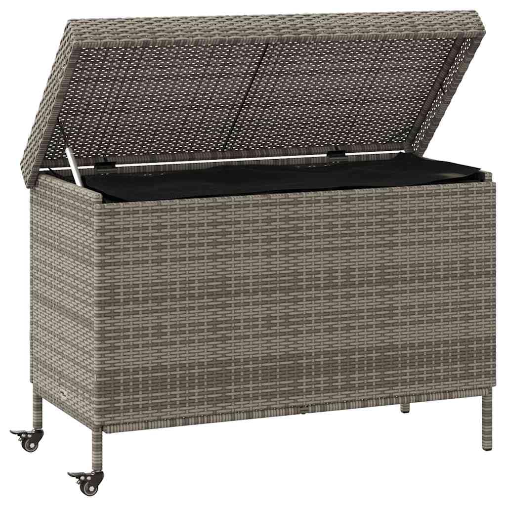 Gartentruhe aus Poly Rattan Grau 110x55x73 cm mit Rollen, wasserabweisender Tasche für Kissen, Auflagen und Outdoor-Zubehör auf Terrasse und Garten