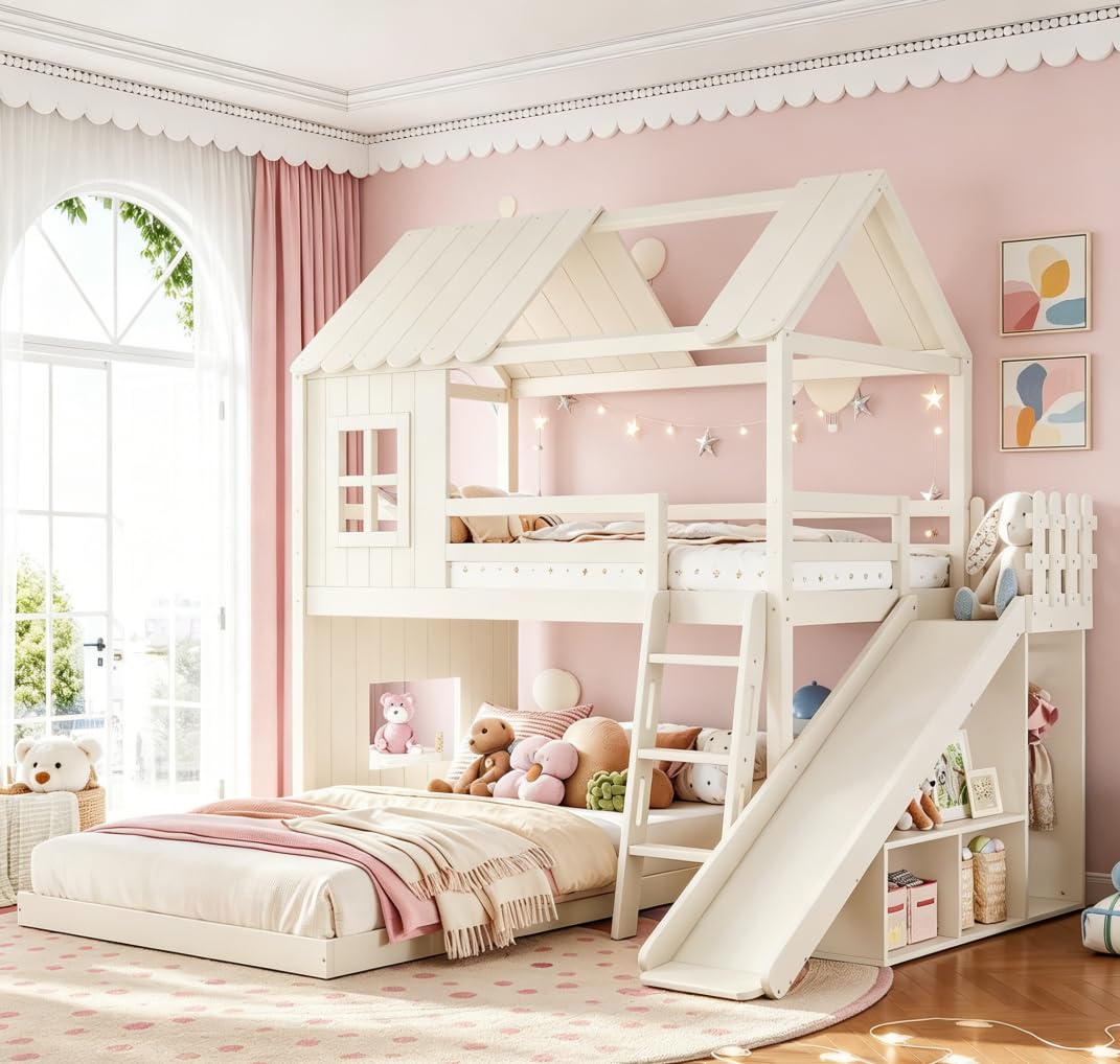 Bellemave Bunk beds Twin Over Full with Slide,Ladders,Bookshelf and Wardrobe House roof Design, Low bunk/loft Bed for Kids，Beige