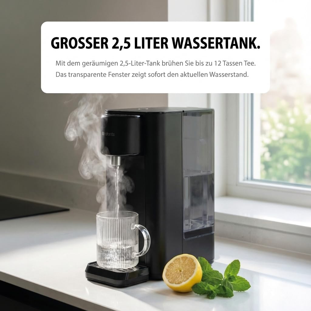 Brabantia Heißwasserspender, 2,5 Liter, 2600 Watt, 100°C, Abnehmbarer Wassertank, Heißes Wasser in 5–10 Sek., Instant-Wasserkocher, Entkalkungsanzeige, Einfache Bedienung, Schwarz, BBEK1103