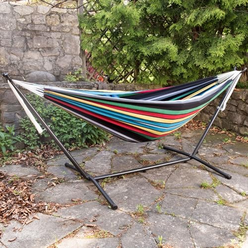 Image of Vivere Double Cotton Hammock with Space Saving Steel Stand, Upgraded Polyester End Strings 450 lb Capacity - Premium Carry Bag Included (Rio Night)