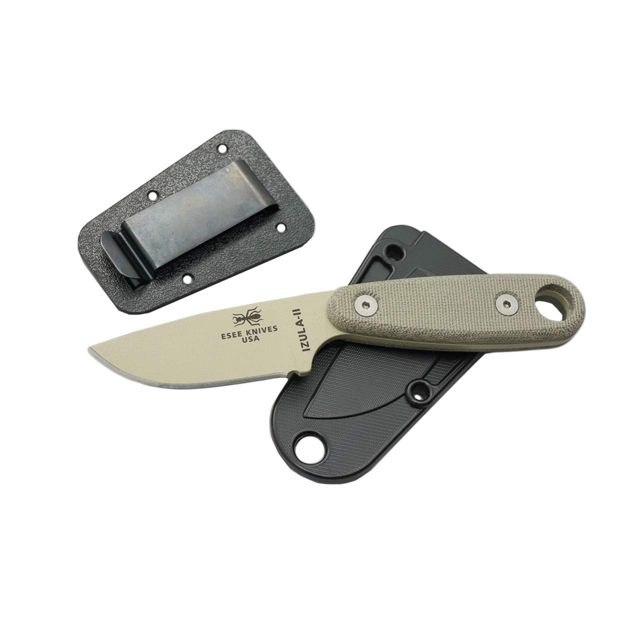 ESEE Izula II Desert Tan Survivalmesser – IZULA-II-DT mit schwarzer Scheide und Gürtelclip