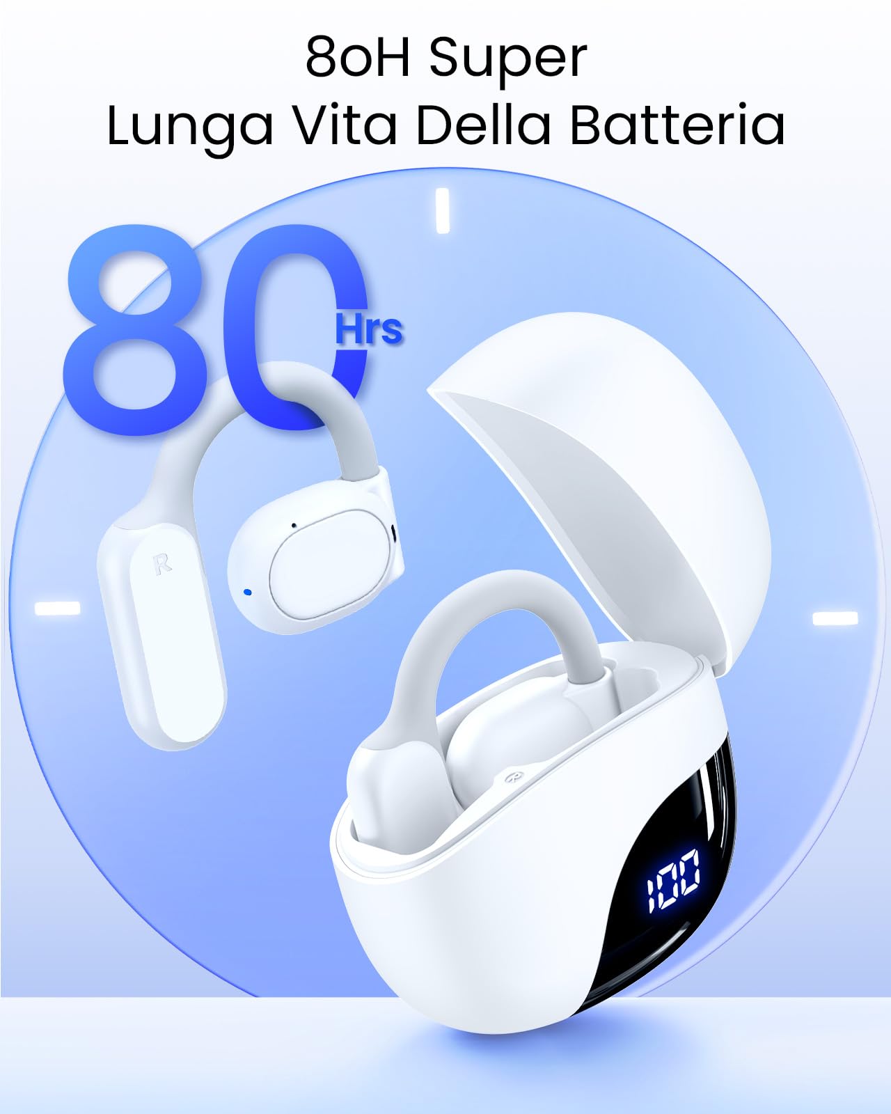 Cuffie Open Ear,80H di Riproduzione Wireless Auricolari Bluetooth 5.3 con Ganci per le Orecchie,Cuffie Bluetooth Sport con Custodia di Ricarica Display Digitale,Impermeabili IPX7, per Ciclismo, Corsa