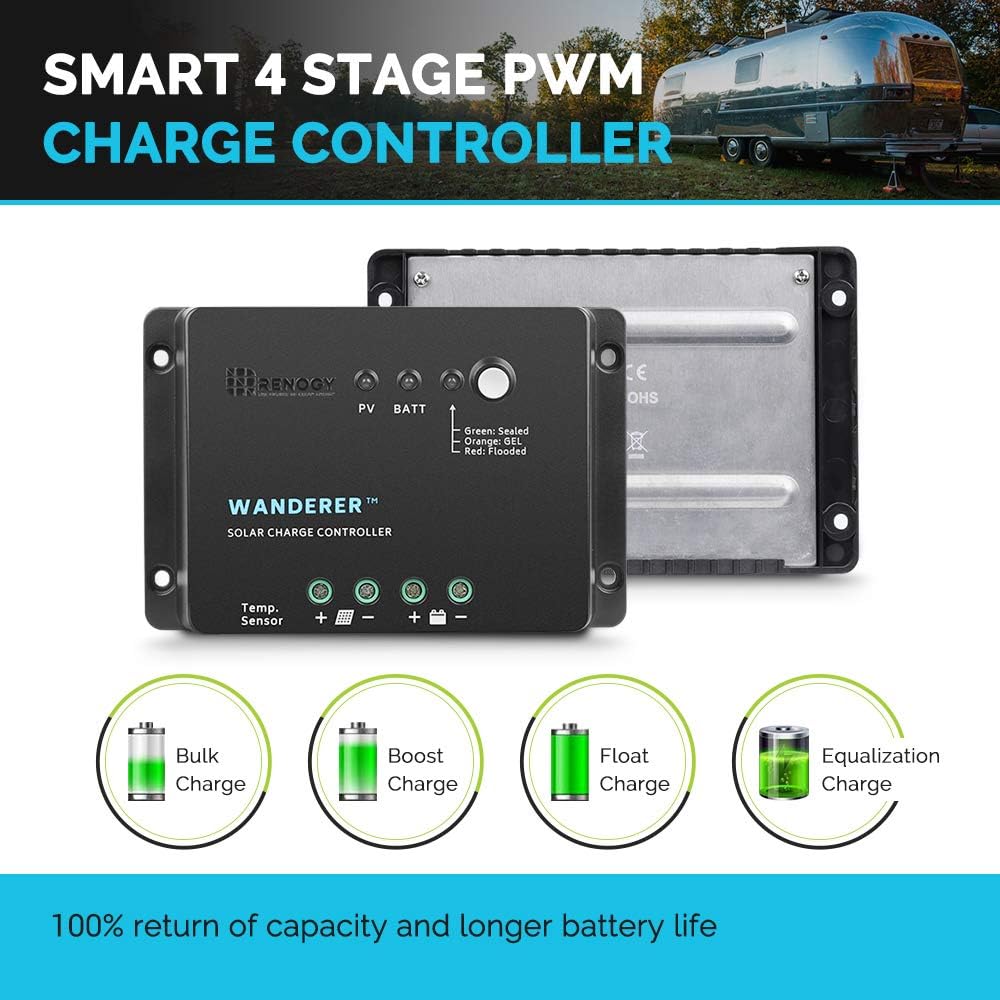 Renogy Wanderer 30 Amp 12V Advanced PWM Negative Ground Solar Charge Controller Battery Regulator Compatible with Sealed, Gel, and Flooded Batteries and Wanderer Temperature Sensor