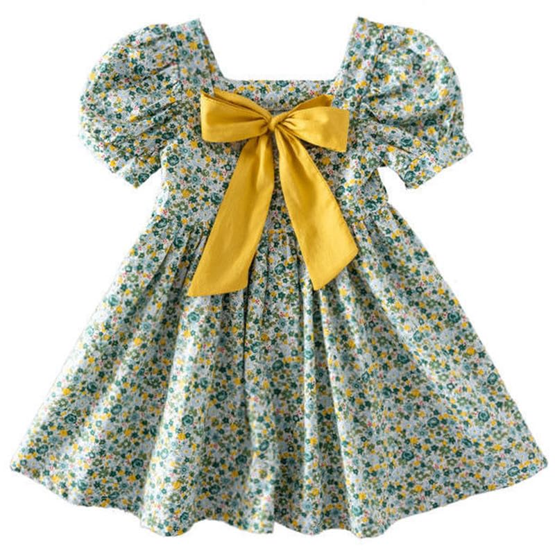 Image of Balatale Toddler Girls Floral Dress Square Neck Puff Sleeve A-Line Smocked Dress with Bag Toddler Girls Summer Outfits