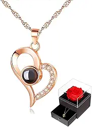 Flores, Conjunto de Colar e Rosa Eterna, com “Eu Te Amo' em 100 Idiomas, Presente Flor Eterna para Dia Das Mães, Dia Dos Namorados, Kit Presente Feminino Criativo para Mãe, Esposa,Noiva, Amiga
