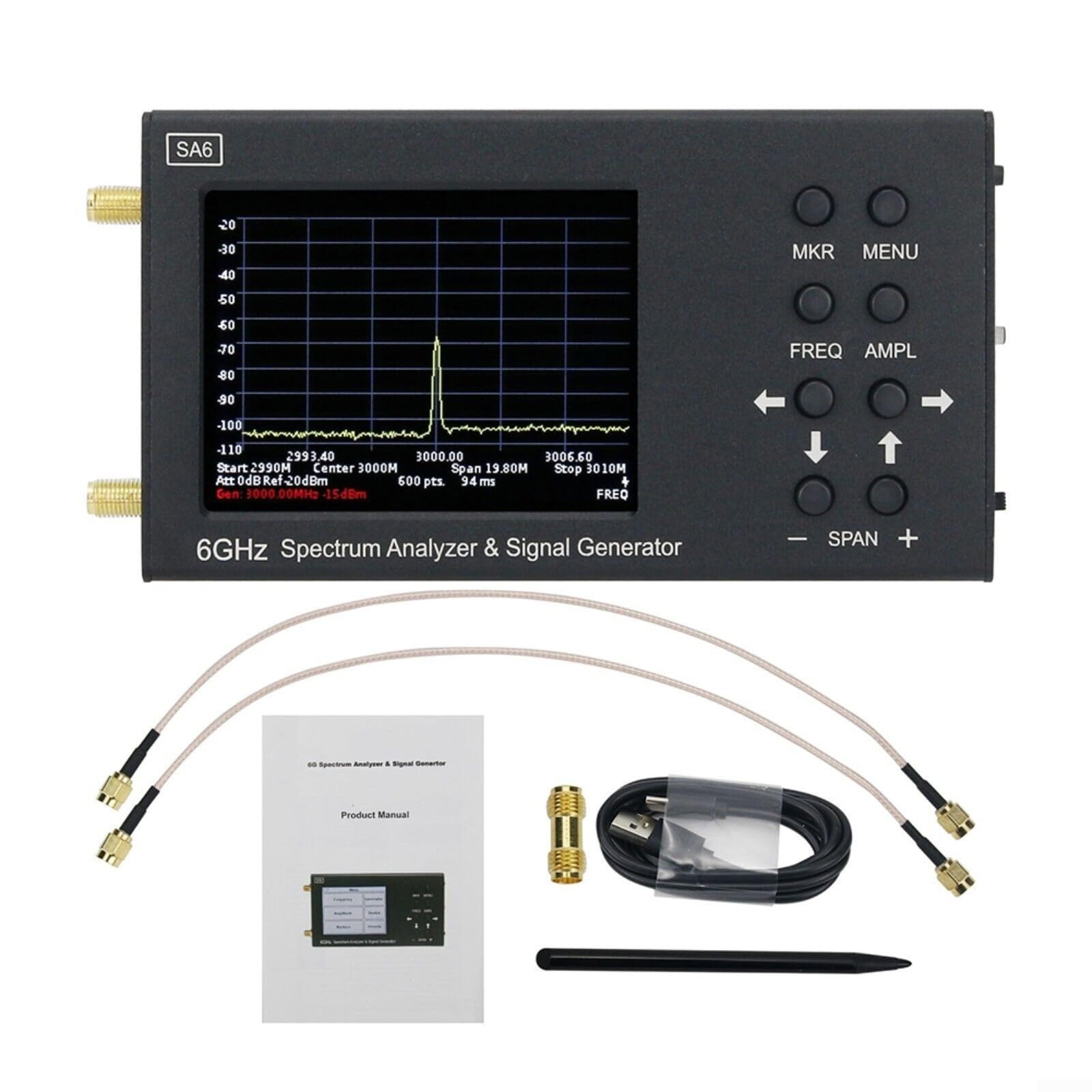 SA6 Tragbarer Spektrumanalysator 35-6200 MHz Mit Signalgenerator, RF-Tester Für WiFi GSM LTE GLONASS, 6 GHz Frequenzbereich, 2500 MAh Für Akku, 5,9 Zoll Display, Inklusive SMA-Kabel Für Feldmessungen