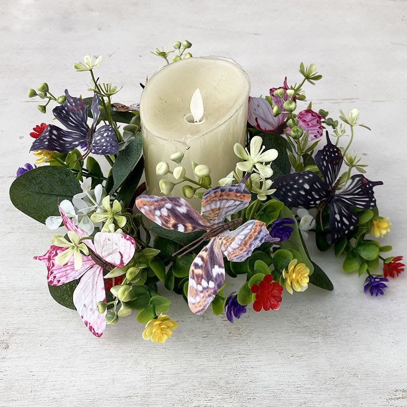 2Pcs Candle Rings Wreaths 3 inch Center, Artificial Butterfly White Berry Multicoloured Flower with Faux Eucalyptus Leaves Wreaths Rings Pillar Candle Holder for Wedding Door Tabletop Decor