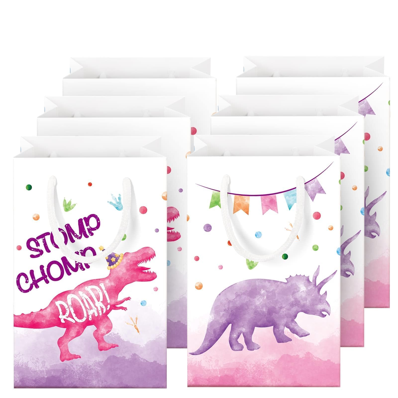 WERNNSAI 16 PCS Watercolor Dinosaur Party Favors Gift Bags - Pink Dinosaur Birthday Party Decorations for Kids Girls Dino Birthday Supplies Candy