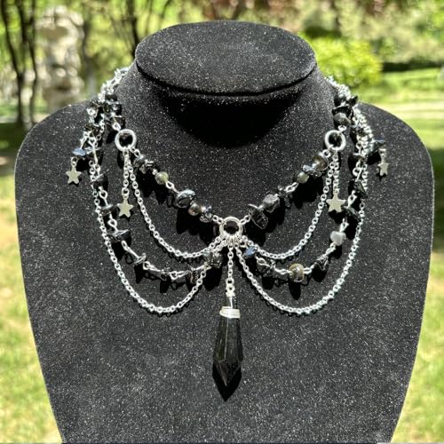 MOSTORY Black Ren Faire Necklace - Gothic Layered Necklace for Witch Dark Crystal Beaded Choker for Women Halloween Renaissance Ren Faire Goth Outfit Witch Aesthetic Elven Cosplay4