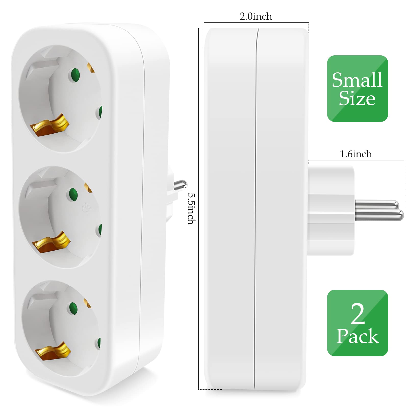 2-delige stekkeradapter, stekkerdoos met 3 stopcontacten, 3-in-1 dubbel stopcontact 16 A/250 V, 3680 W max. voor kantoor, thuis, reizen