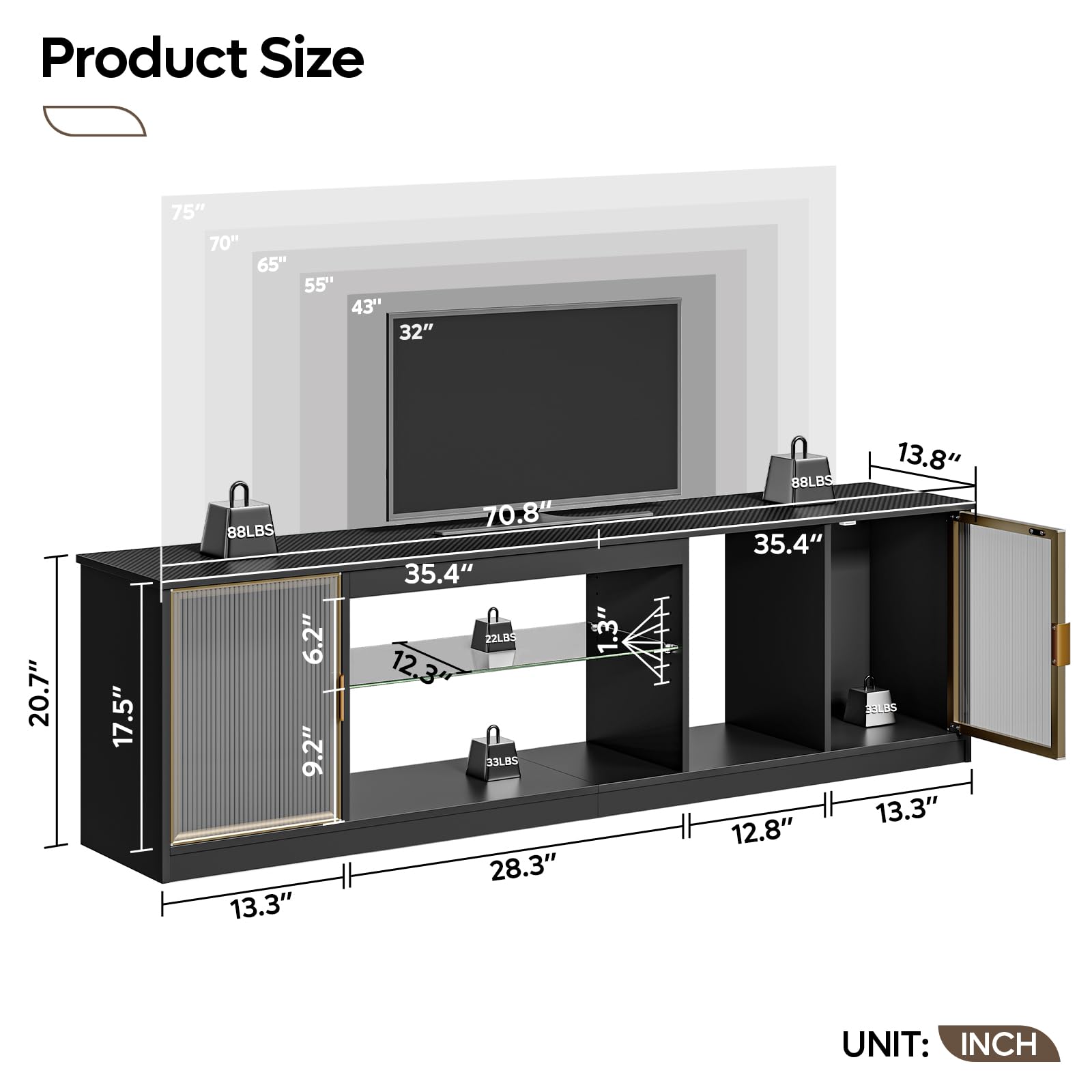 Bestier Mobile TV moderno per TV da 75/80 pollici,centro di intrattenimento a LED ante in acrilico e ripiano in vetro regolabile,console TV multimediale da 70",per soggiorno,fibra carbonio nera
