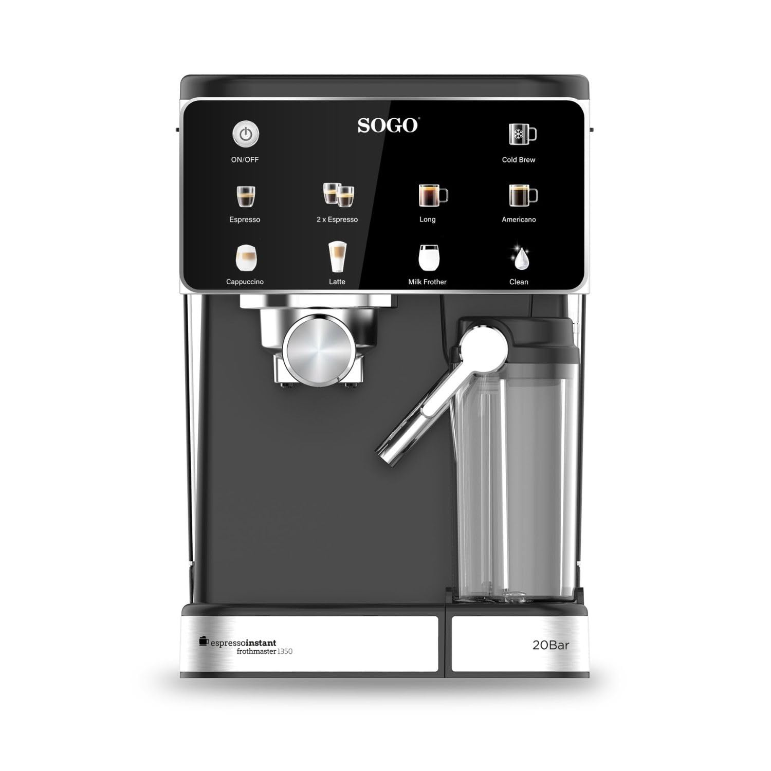 SOGO Cafetera Espresso 4 en 1 con Espumador de Leche y Panel Táctil – 20 Bar, Compatible Nespresso® y Café Molido, Depósito 1.5 L, 1350 W, Negro