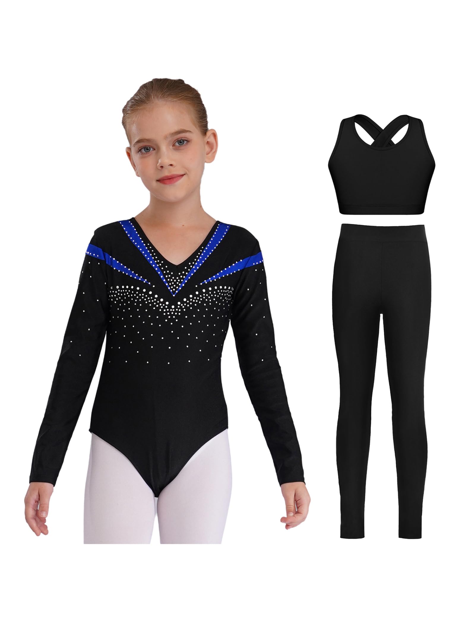 Piezas De Traje De Gimnasia Con Destellos Para Niñas Leotardos De Gimnasia De Manga Larga Tops De Deporte Brasier Y Pantalones Traje De Baile Para Azul 11-12 años