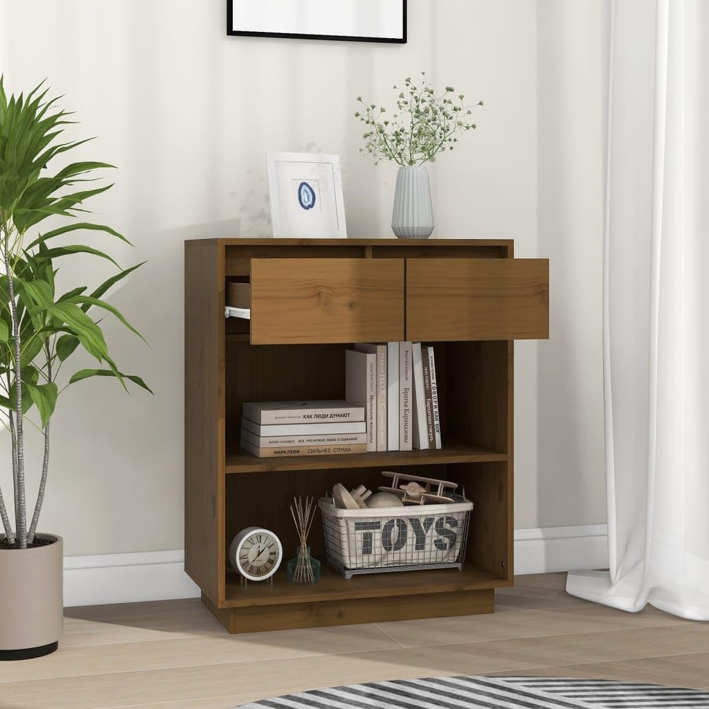 Armadietto in legno di pino massiccio, marrone miele, 60 x 34 x 75 cm, con cassetti e scomparti, mobile per soggiorno, camera da letto, ufficio, credenza, tavolo consolle