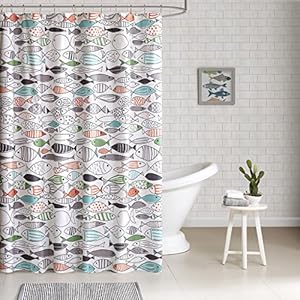 HipStyle – Sardinië – Moderne meerkleurige vis – Katoen bedrukt – Designer douchegordijn – 72″ x 72″ – Machine wasbaar