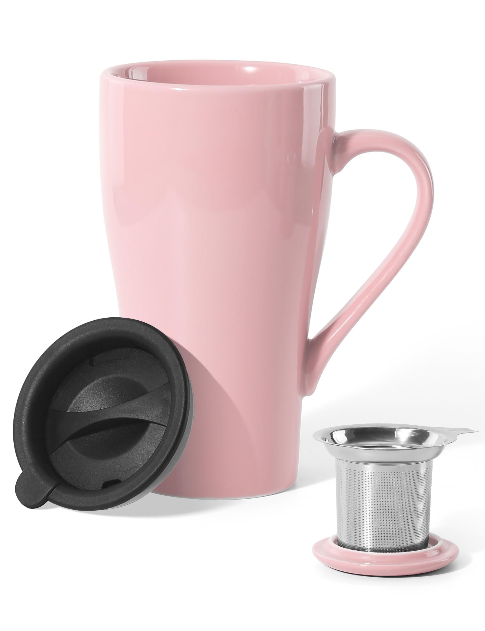 Tea Cup with Infuser and Lid, 18oz Large Tea Infuser Mug, Ceramic Loose Leaf Tea Mug with Strainer & Silicone Lid for Women, Man, Christmas, Gifts (Pink)